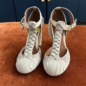 Gray Leather Mary Jane with Braided T-Strap